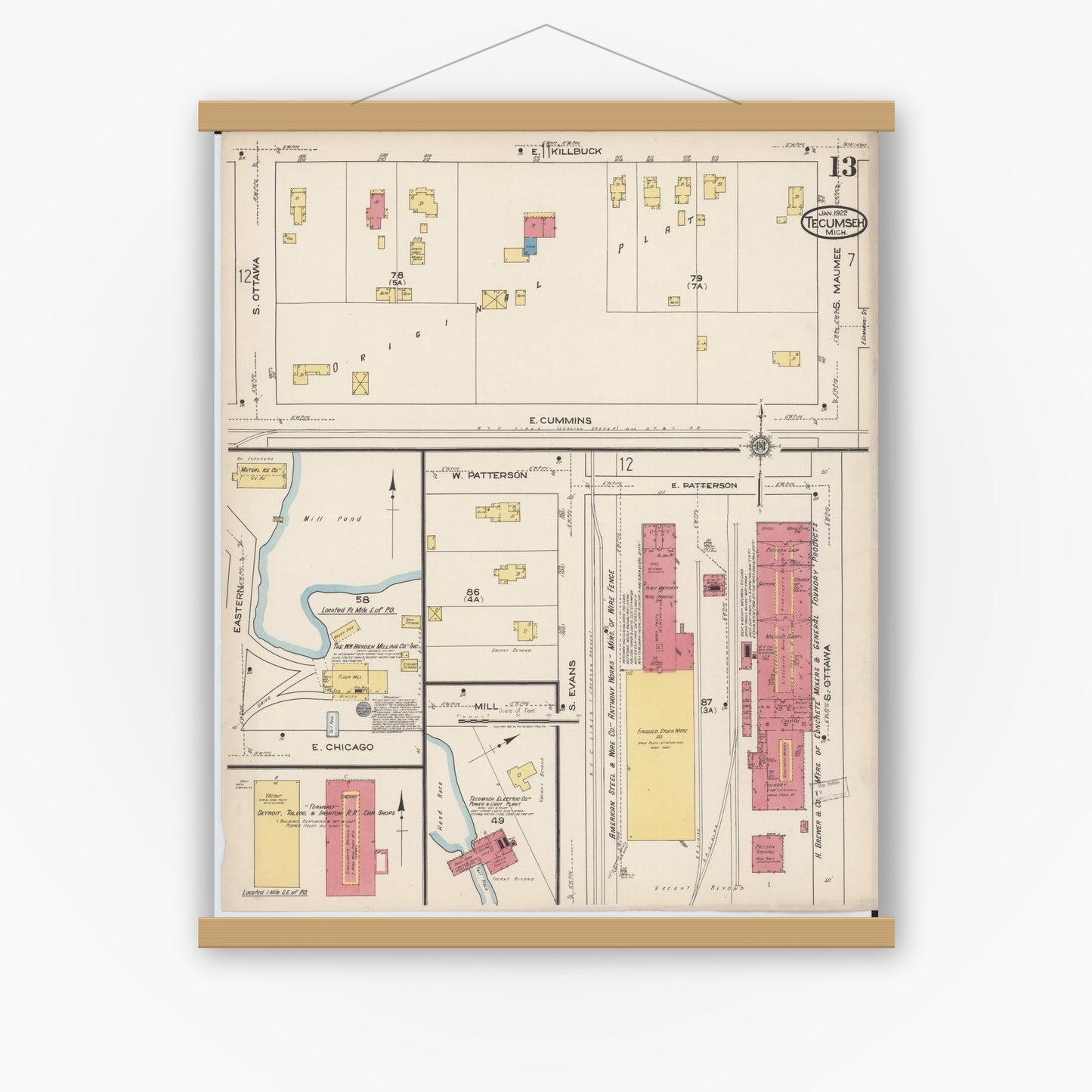 Old map wall art mockup — magnetic wood frame on white wall — Sanborn Fire Insurance Map from Tecumseh, Lenawee County, Michigan (1922), Sheet #0013