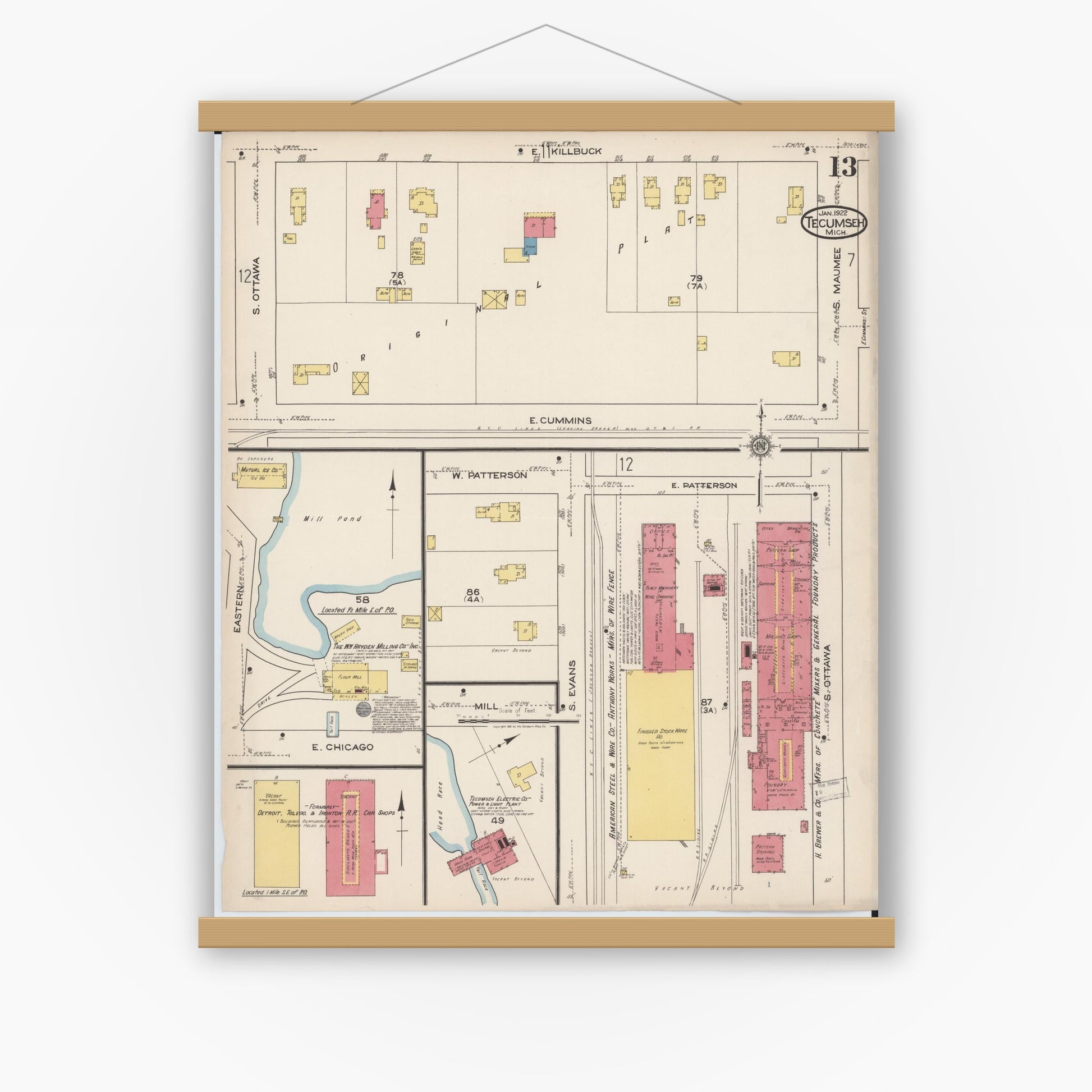 Old map wall art mockup — magnetic wood frame on white wall — Sanborn Fire Insurance Map from Tecumseh, Lenawee County, Michigan (1922), Sheet #0013