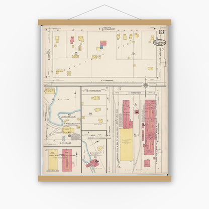 Old map wall art mockup — magnetic wood frame on white wall — Sanborn Fire Insurance Map from Tecumseh, Lenawee County, Michigan (1922), Sheet #0013