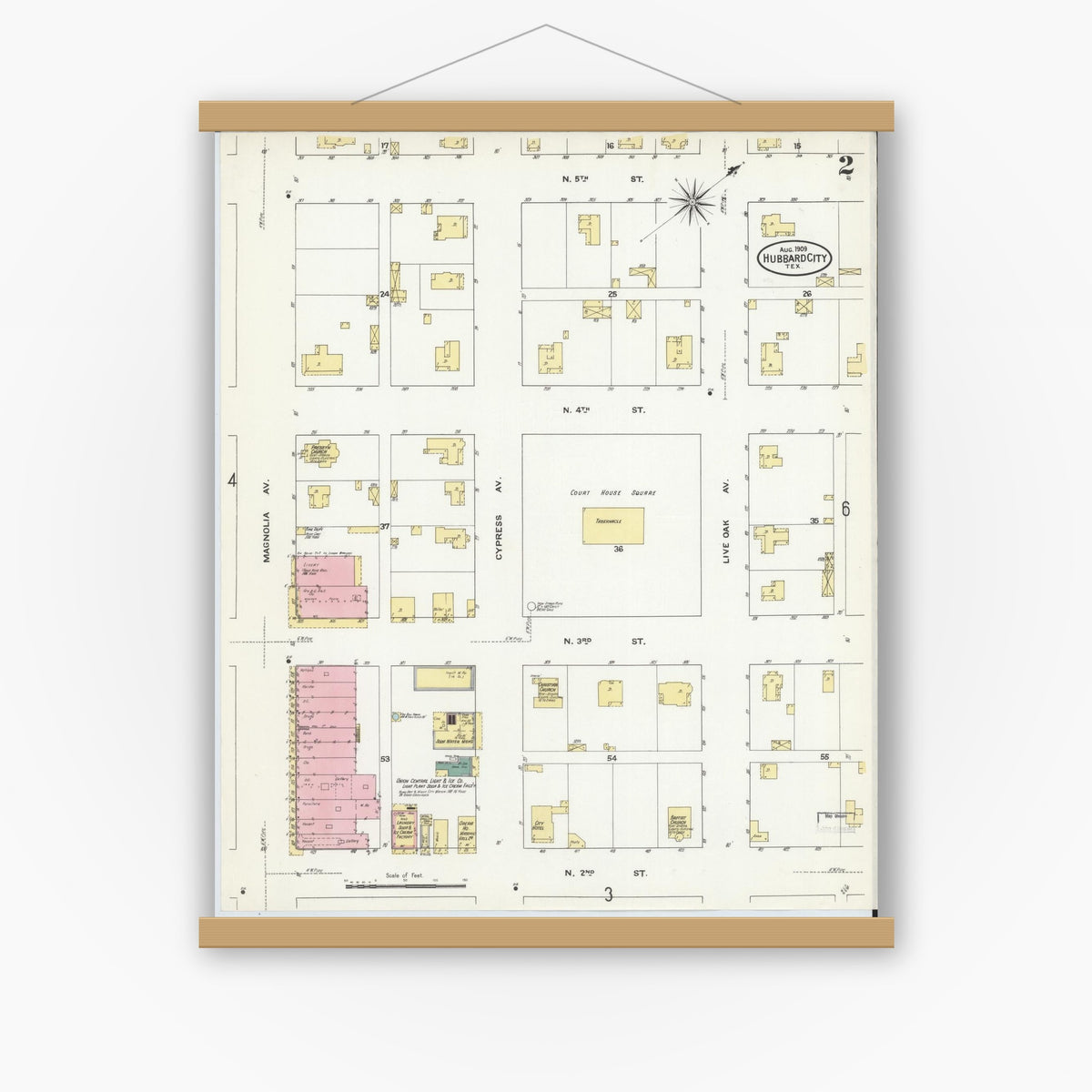 Old map wall art mockup — magnetic wood frame on white wall — Sanborn Fire Insurance Map from Hubbard, Hill County, Texas (1909), Sheet #0002