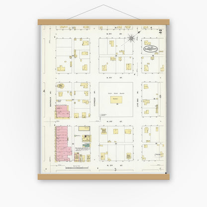 Old map wall art mockup — magnetic wood frame on white wall — Sanborn Fire Insurance Map from Hubbard, Hill County, Texas (1909), Sheet #0002