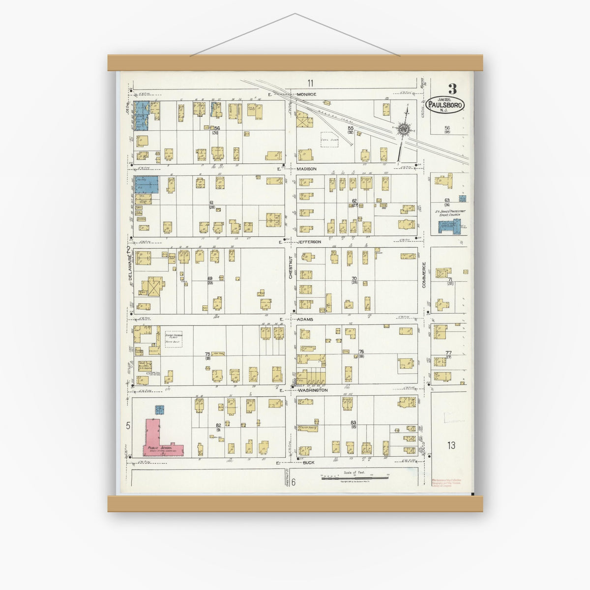 Old map wall art mockup — magnetic wood frame on white wall — Sanborn Fire Insurance Map from Paulsboro, Gloucester County, New Jersey (1920), Sheet #0003