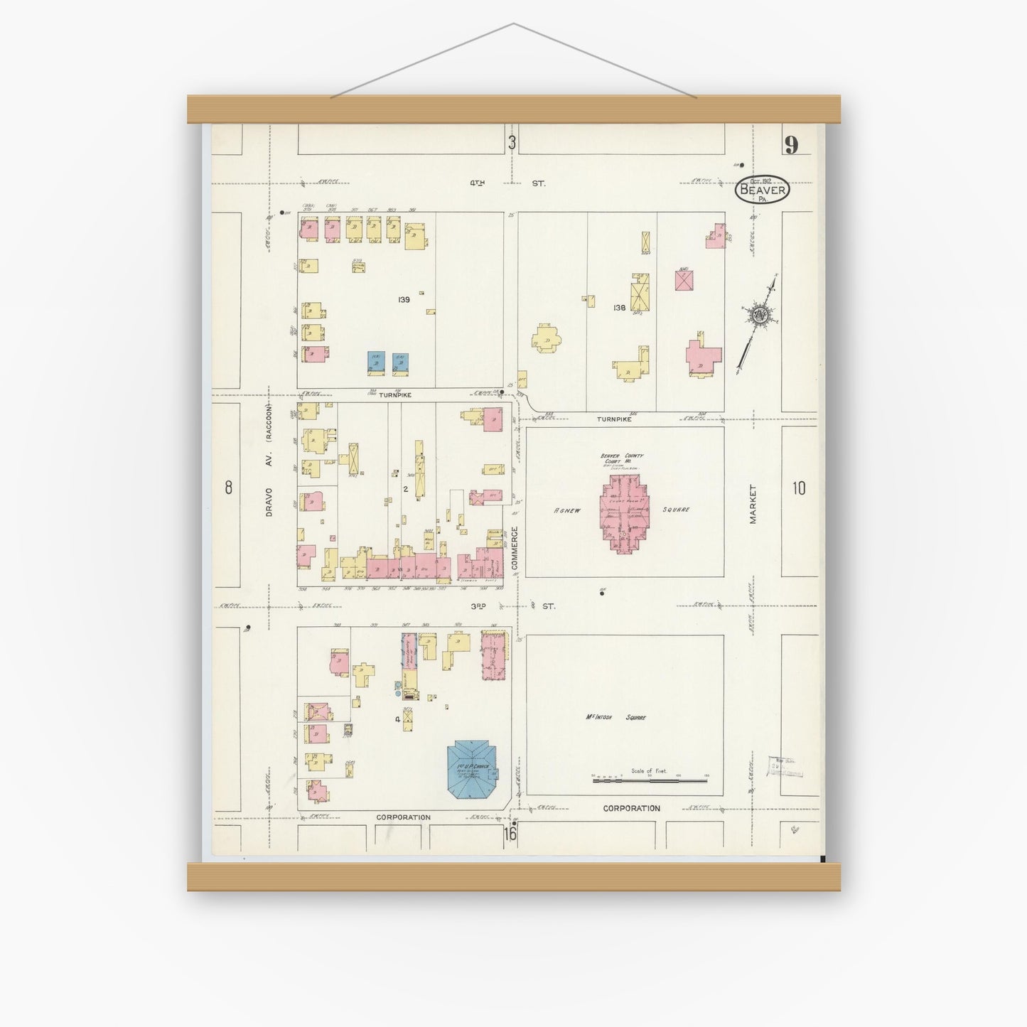 Old map wall art mockup — magnetic wood frame on white wall — Sanborn Fire Insurance Map from Beaver, Beaver County, Pennsylvania (1912), Sheet #0009