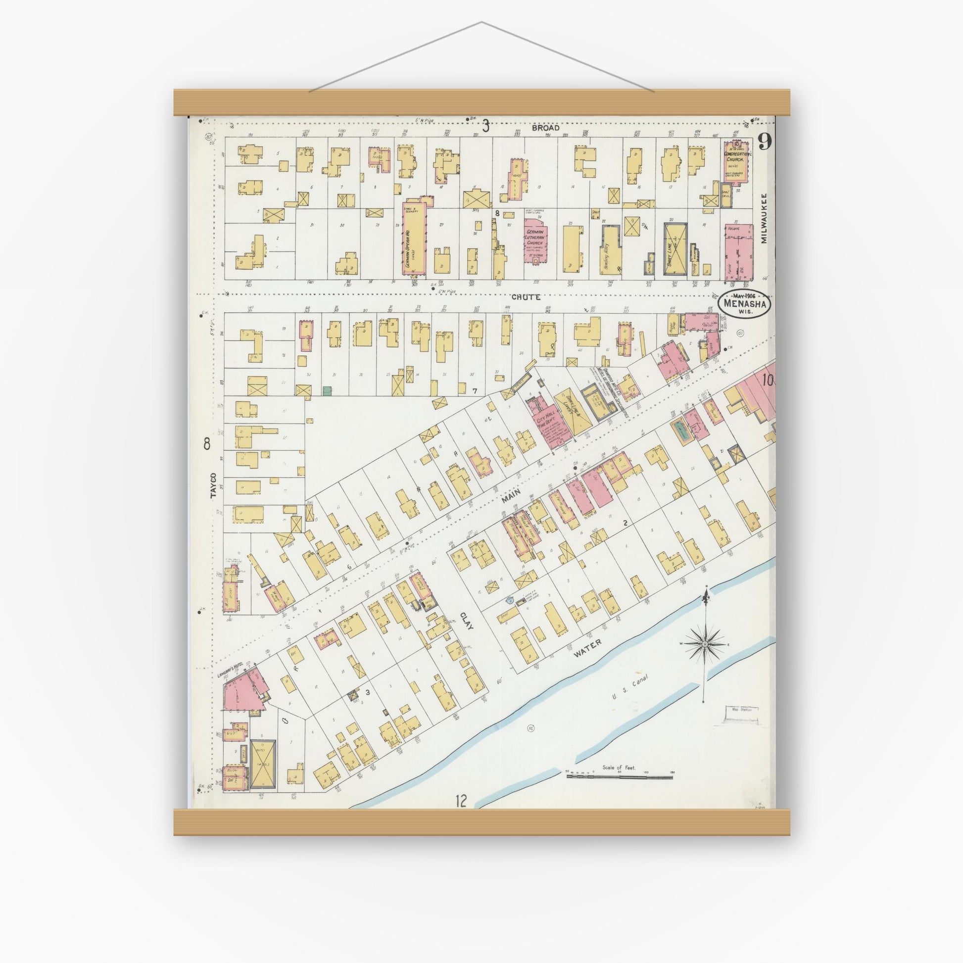 Old map wall art mockup — magnetic wood frame on white wall — Sanborn Fire Insurance Map from Menasha, Winnebago County, Wisconsin (1906), Sheet #0009