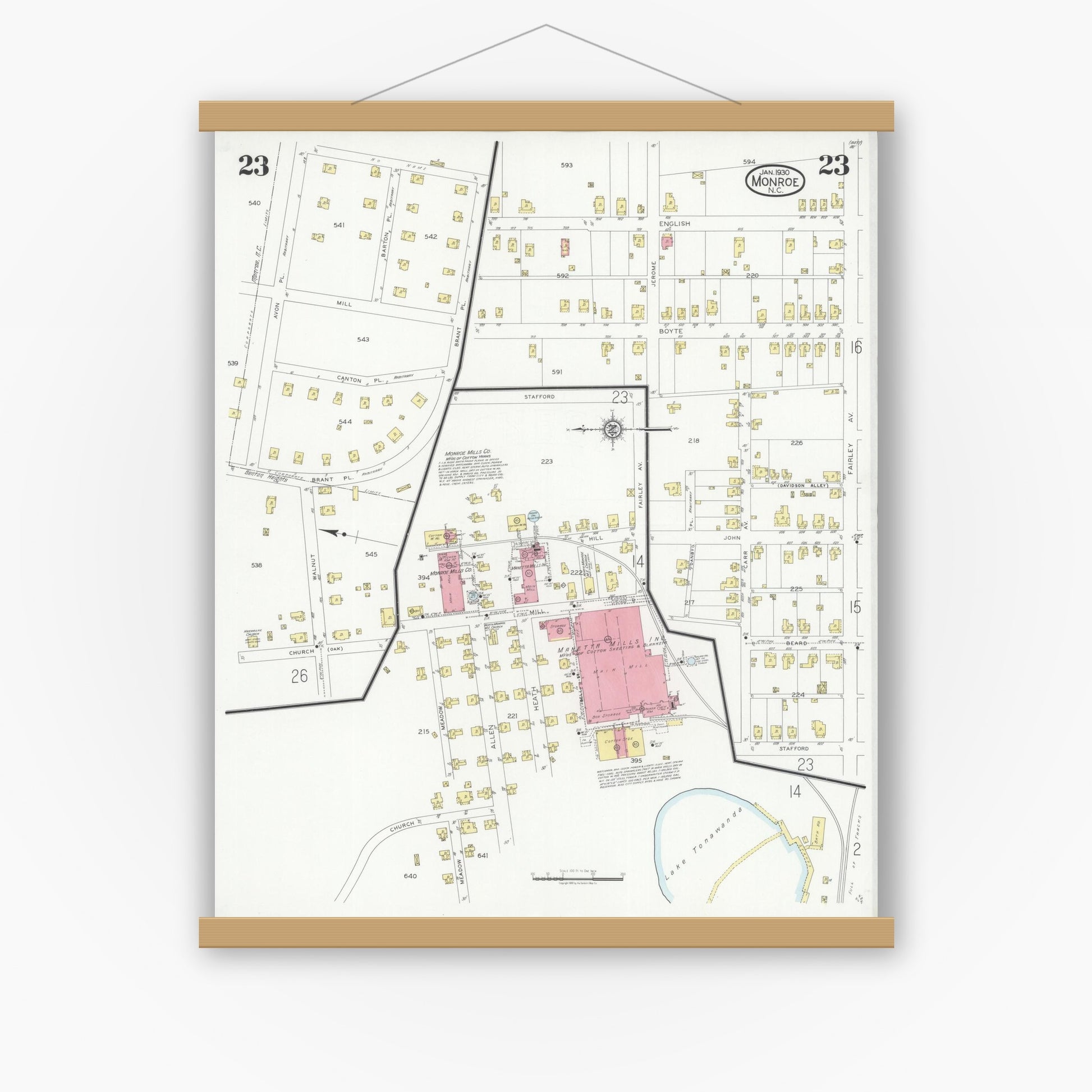 Old map wall art mockup — magnetic wood frame on white wall — Sanborn Fire Insurance Map from Monroe, Union County, North Carolina (1930), Sheet #0023