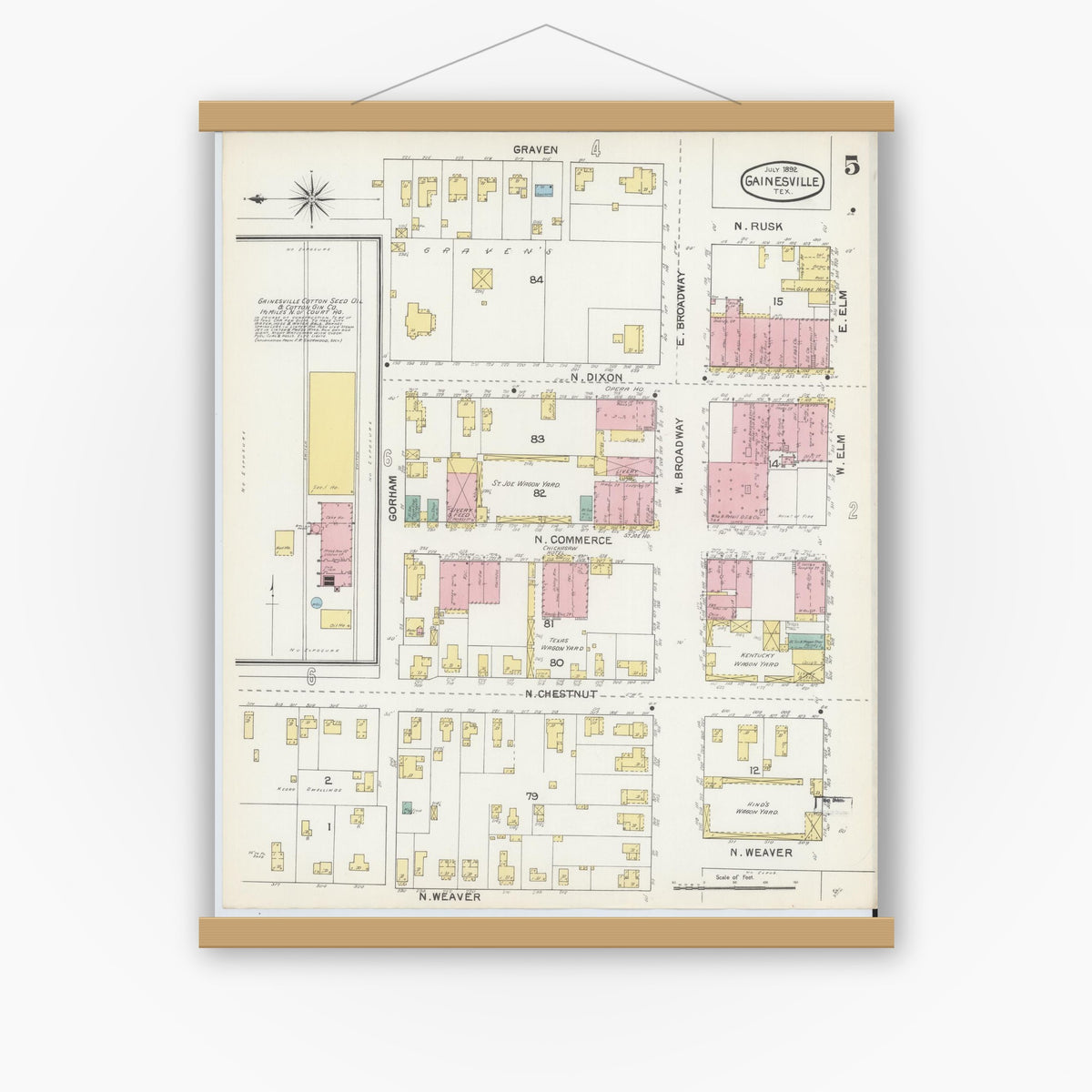 Old map wall art mockup — magnetic wood frame on white wall — Sanborn Fire Insurance Map from Gainesville, Cooke County, Texas (1892), Sheet #0005