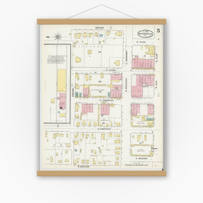 Old map wall art mockup — magnetic wood frame on white wall — Sanborn Fire Insurance Map from Gainesville, Cooke County, Texas (1892), Sheet #0005