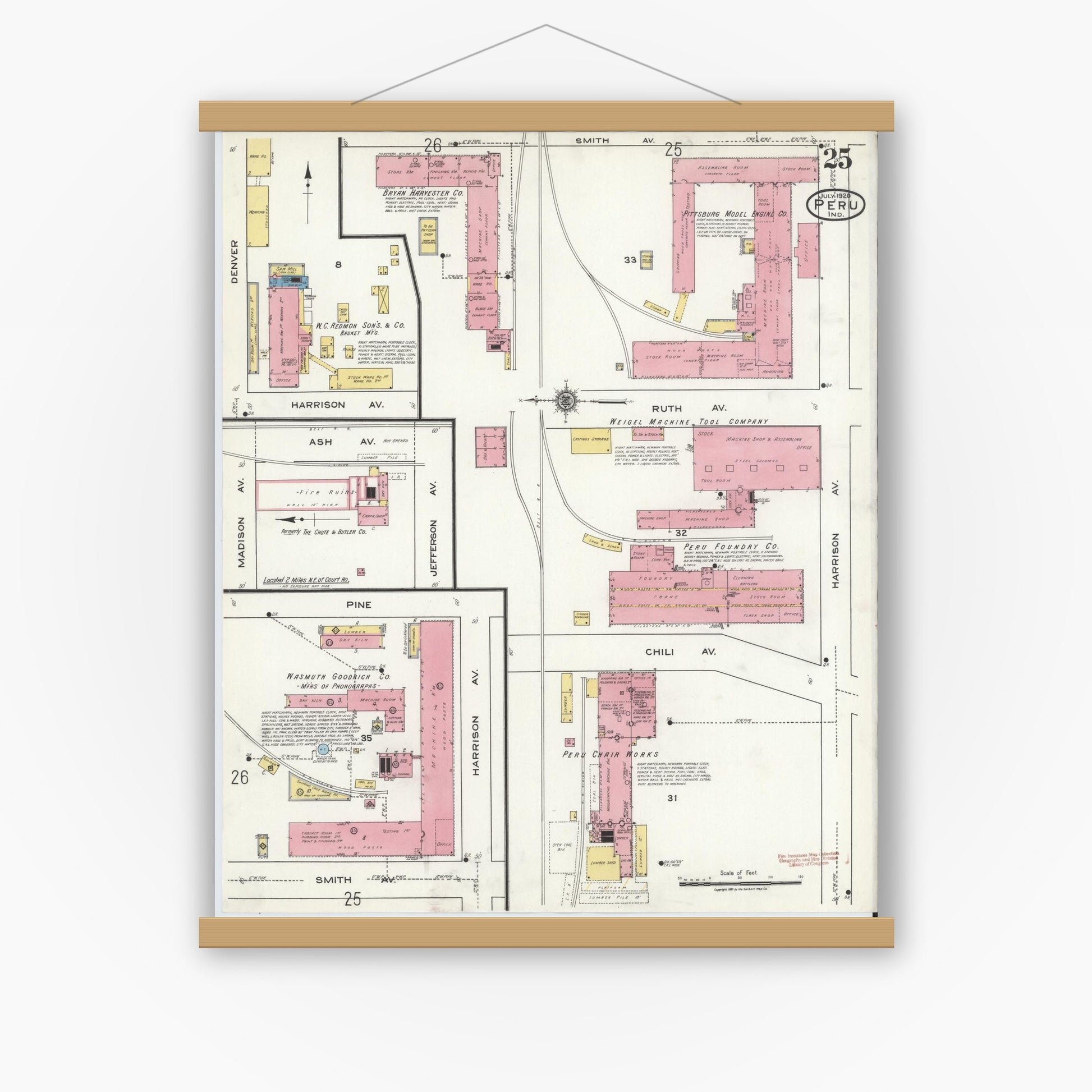 Old map wall art mockup — magnetic wood frame on white wall — Sanborn Fire Insurance Map from Peru, Miami County, Indiana (1920), Sheet #0025