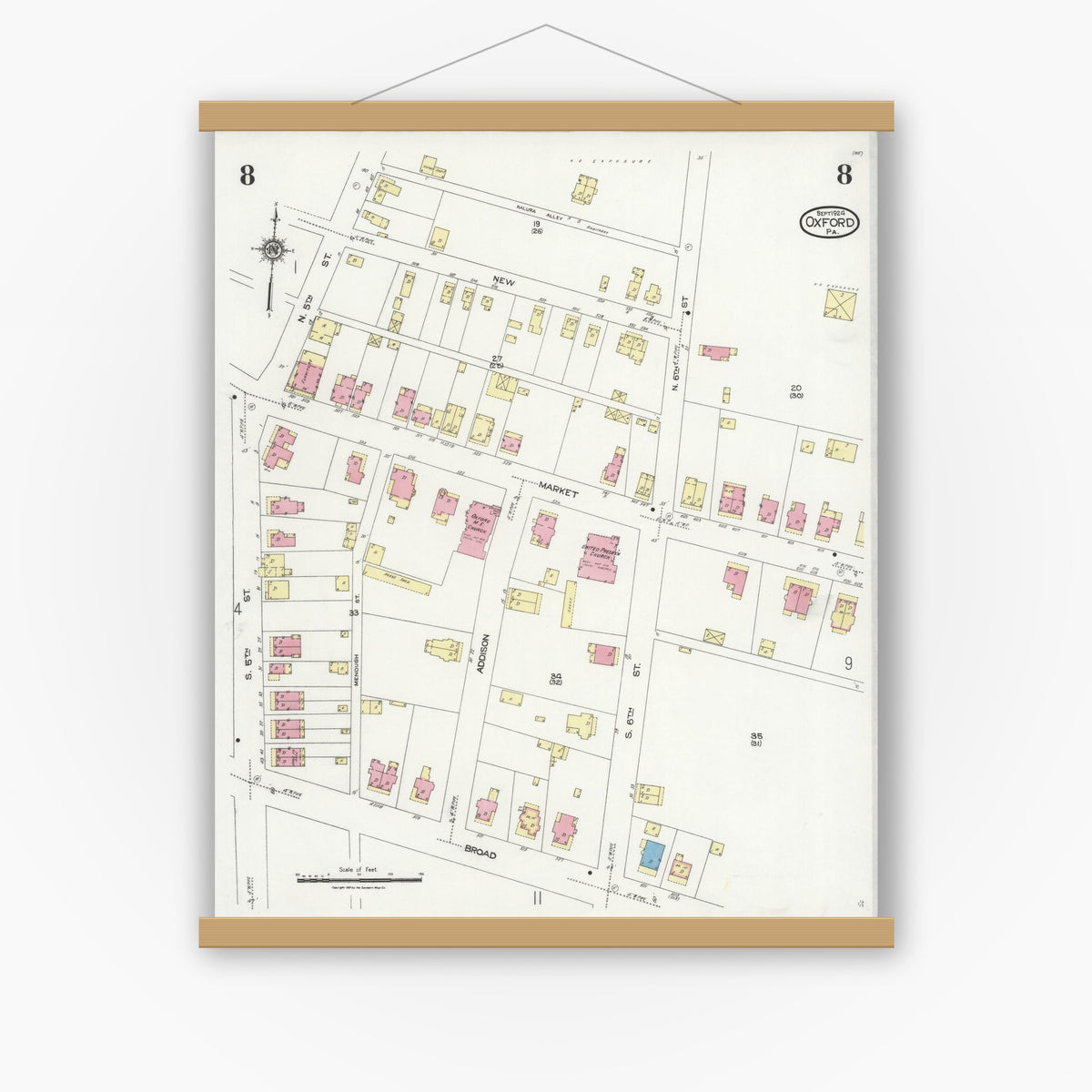 Old map wall art mockup — magnetic wood frame on white wall — Sanborn Fire Insurance Map from Oxford, Chester County, Pennsylvania (1924), Sheet #0008
