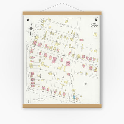 Old map wall art mockup — magnetic wood frame on white wall — Sanborn Fire Insurance Map from Oxford, Chester County, Pennsylvania (1924), Sheet #0008
