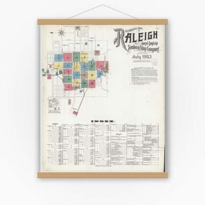 Old map wall art mockup — magnetic wood frame on white wall — Sanborn Fire Insurance Map from Raleigh, Wake County, North Carolina (1903), Sheet #0001