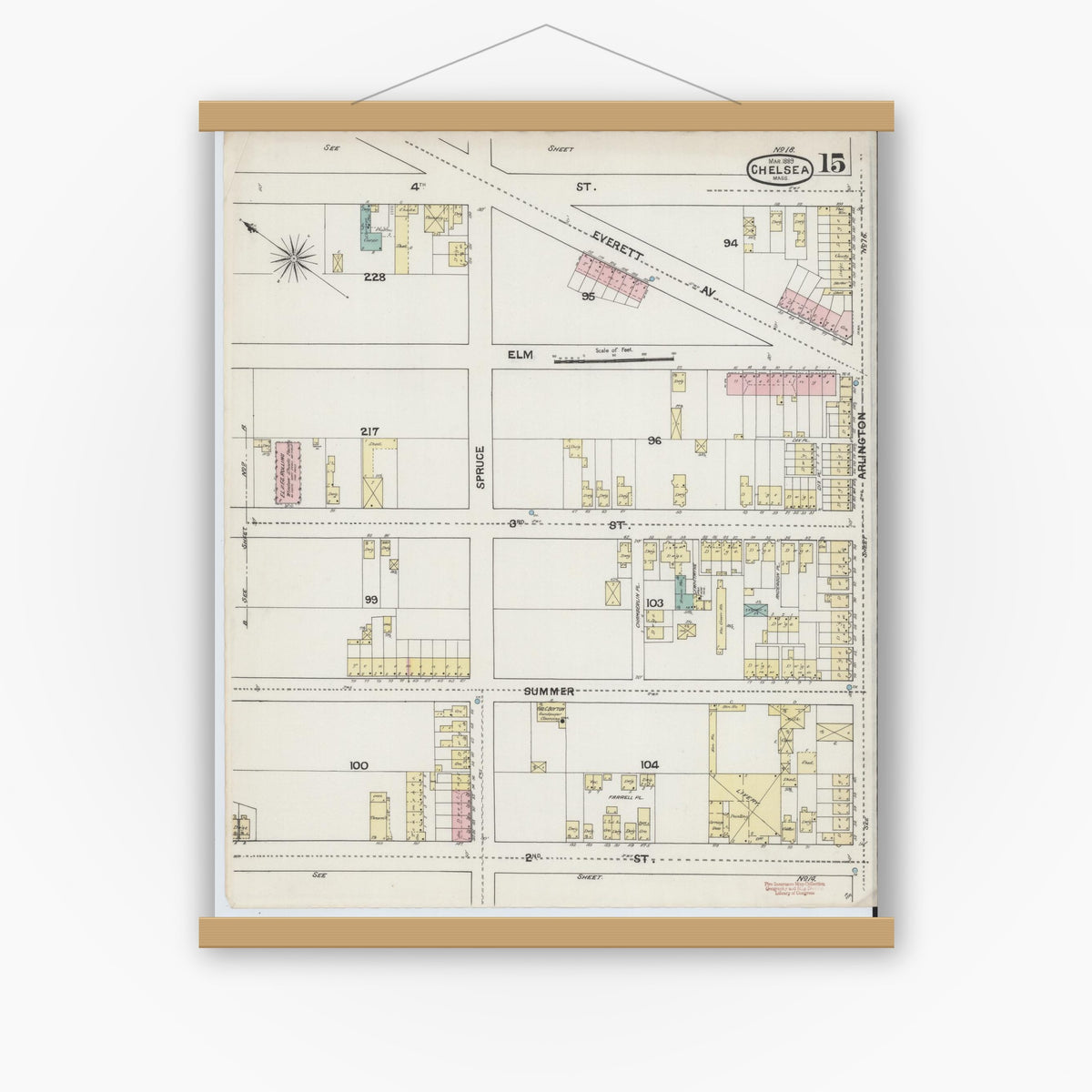 Old map wall art mockup — magnetic wood frame on white wall — Sanborn Fire Insurance Map from Chelsea, Suffolk County, Massachusetts (1889), Sheet #0015
