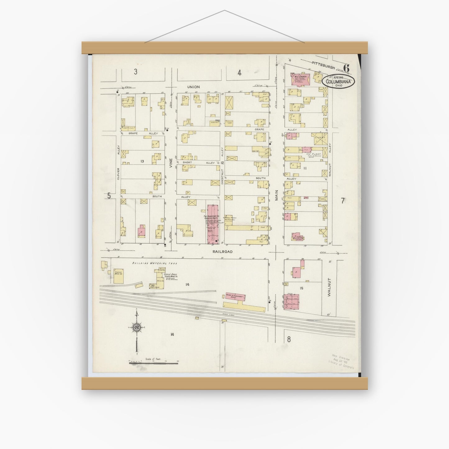 Old map wall art mockup — magnetic wood frame on white wall — Sanborn Fire Insurance Map from Columbiana, Columbiana County, Ohio (1915), Sheet #0006
