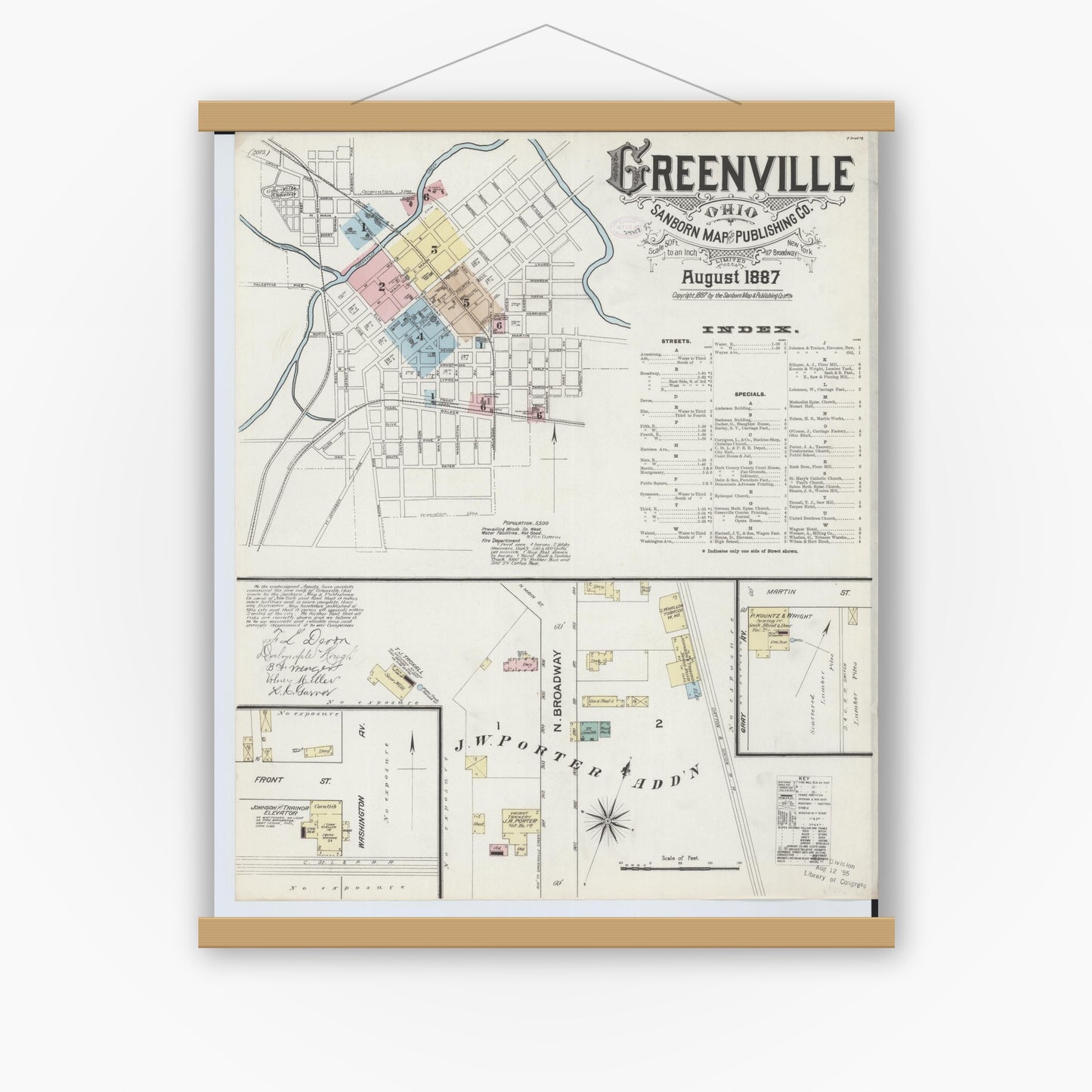 Old map wall art mockup — magnetic wood frame on white wall — Sanborn Fire Insurance Map from Greenville, Darke County, Ohio (1887), Sheet #0001