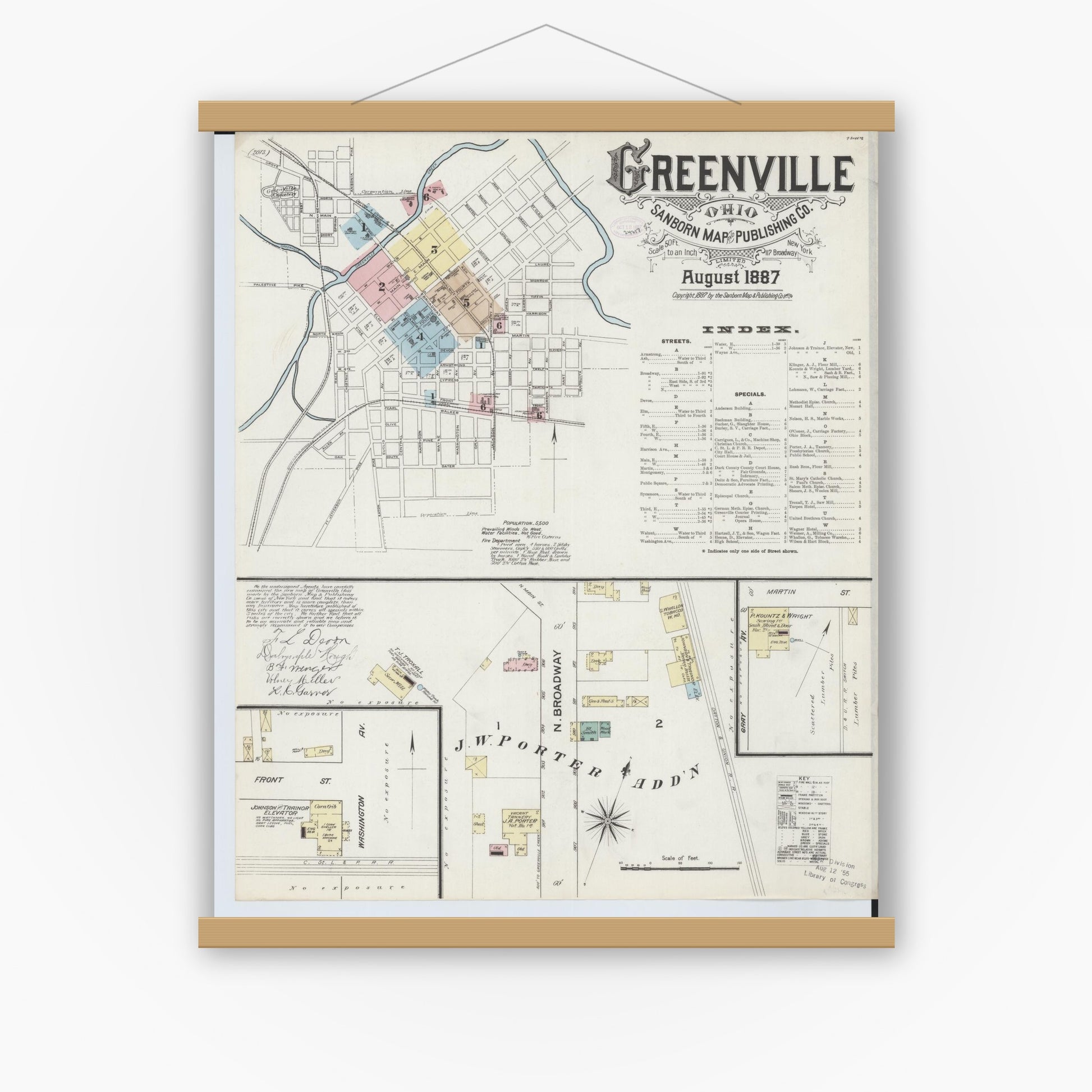 Old map wall art mockup — magnetic wood frame on white wall — Sanborn Fire Insurance Map from Greenville, Darke County, Ohio (1887), Sheet #0001