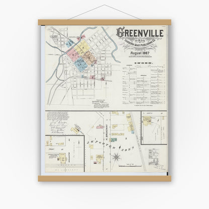 Old map wall art mockup — magnetic wood frame on white wall — Sanborn Fire Insurance Map from Greenville, Darke County, Ohio (1887), Sheet #0001