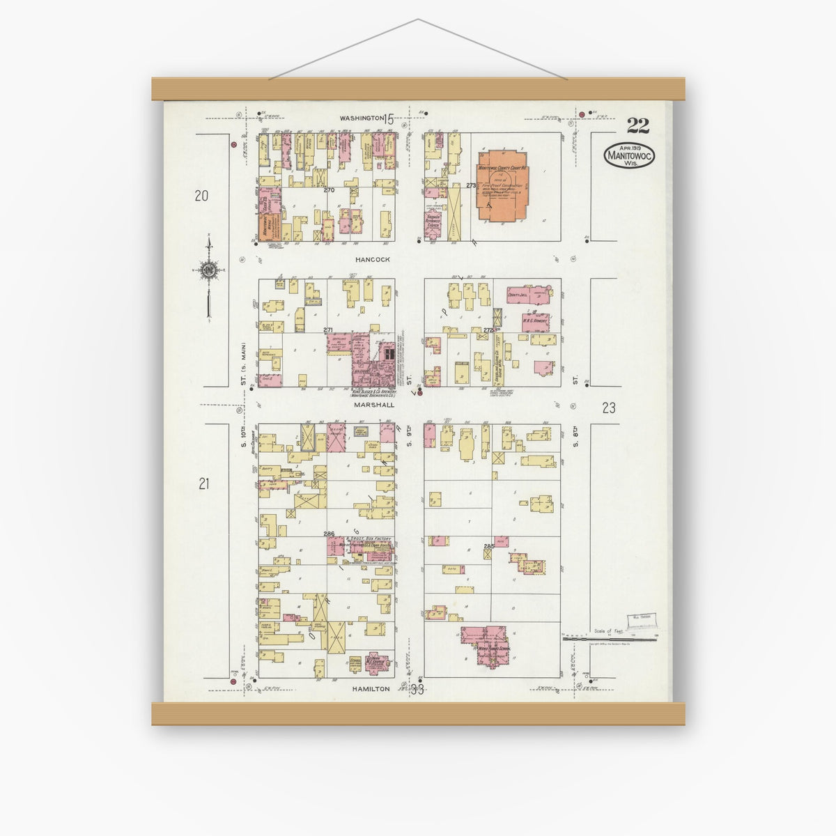 Old map wall art mockup — magnetic wood frame on white wall — Sanborn Fire Insurance Map from Manitowoc, Manitowoc County, Wisconsin (1919), Sheet #0022