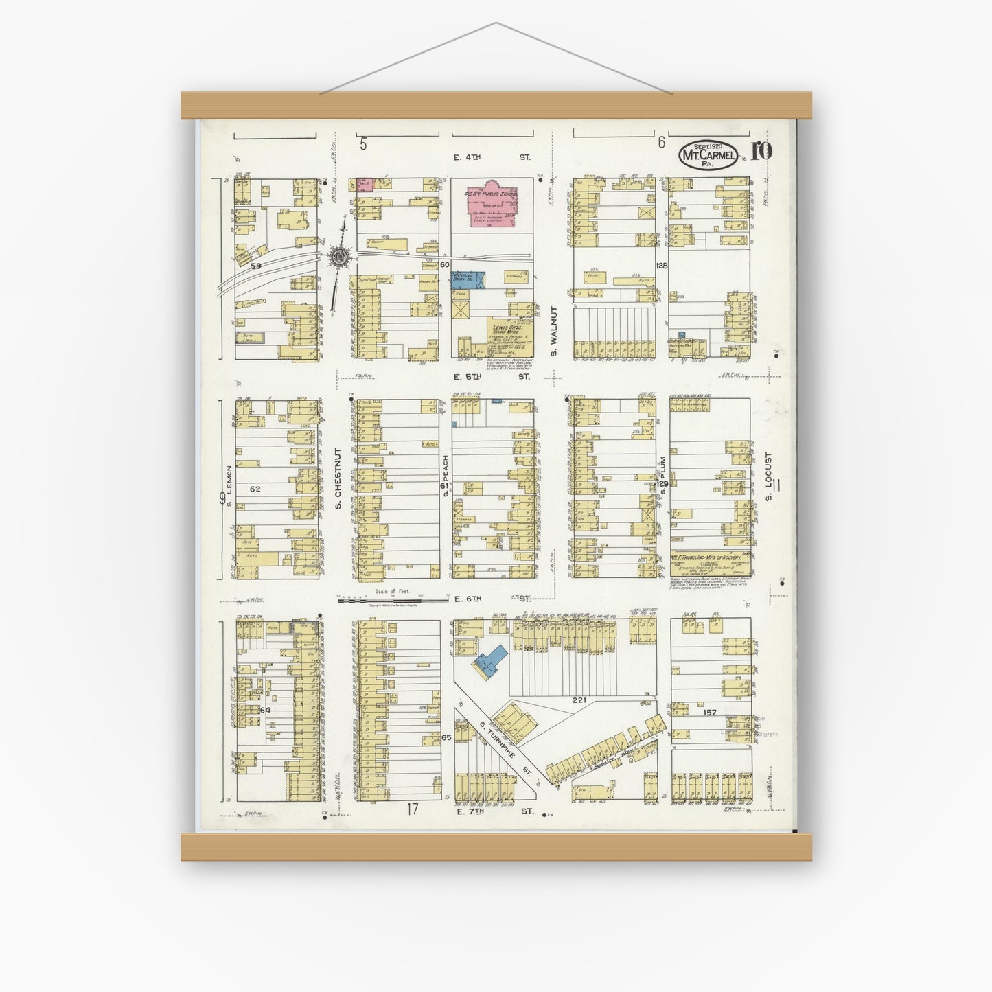 Old map wall art mockup — magnetic wood frame on white wall — Sanborn Fire Insurance Map from Mount Carmel, Northumberland County, Pennsylvania (1920), Sheet #0010