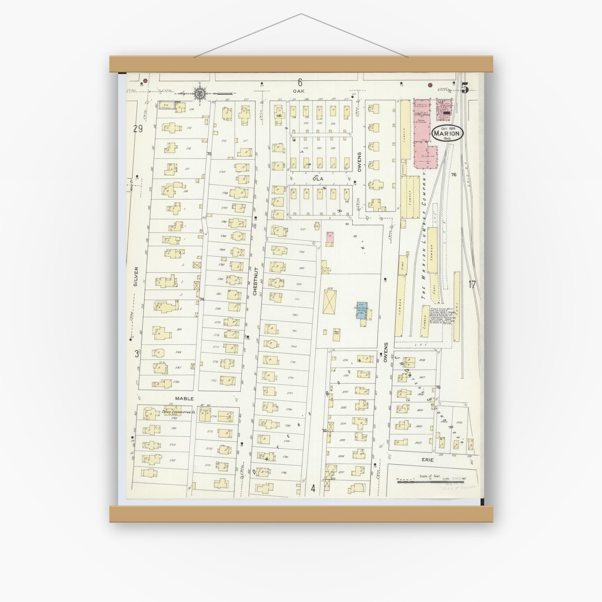Old map wall art mockup — magnetic wood frame on white wall — Sanborn Fire Insurance Map from Marion, Marion County, Ohio (1914), Sheet #0005