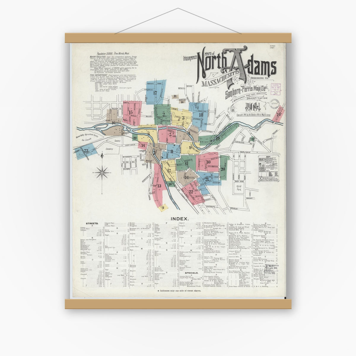 Old map wall art mockup — magnetic wood frame on white wall — Sanborn Fire Insurance Map from North Adams, Berkshire County, Massachusetts (1901), Sheet #0001
