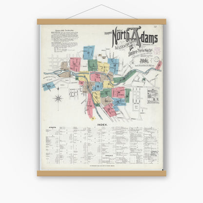 Old map wall art mockup — magnetic wood frame on white wall — Sanborn Fire Insurance Map from North Adams, Berkshire County, Massachusetts (1901), Sheet #0001
