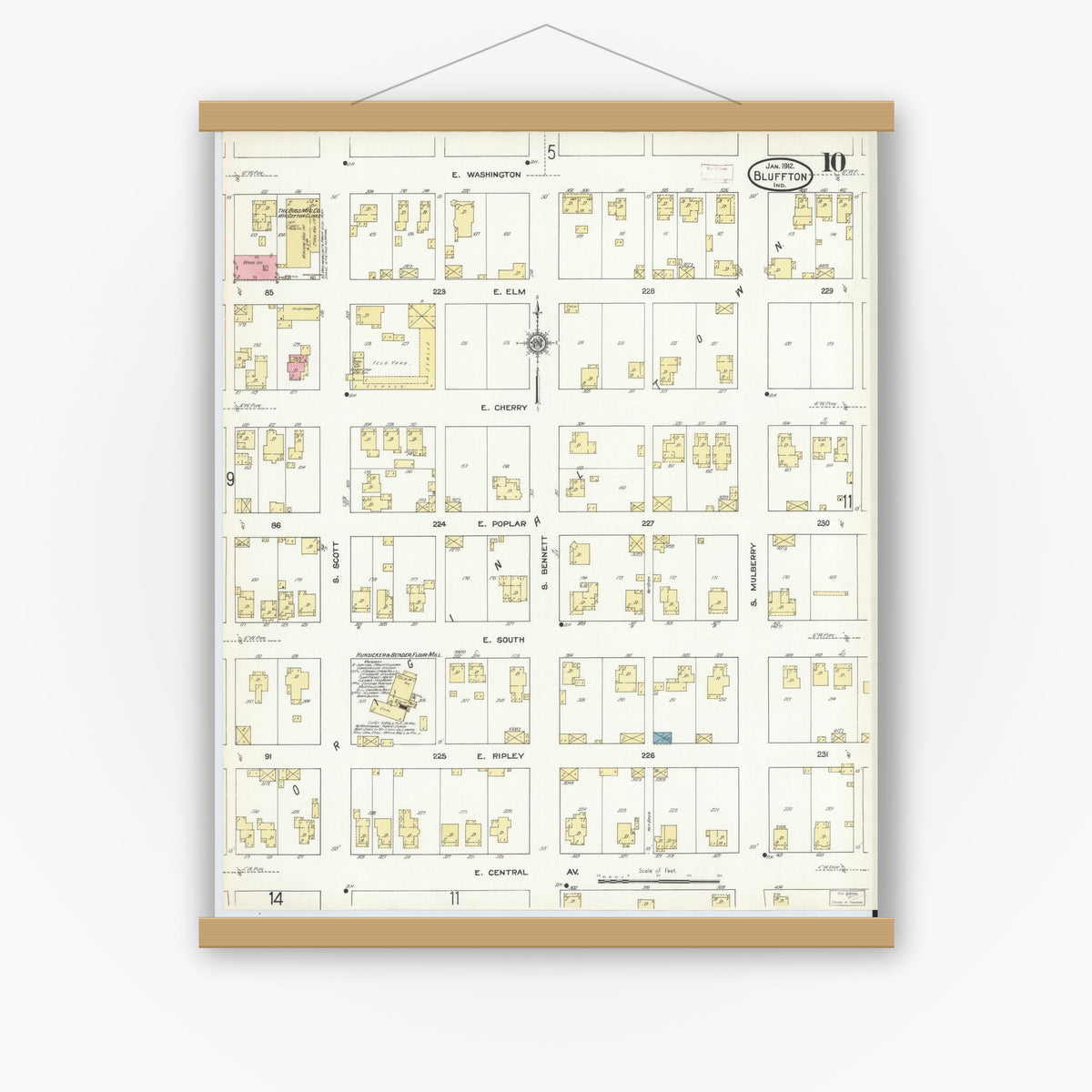 Old map wall art mockup — magnetic wood frame on white wall — Sanborn Fire Insurance Map from Bluffton, Wells County, Indiana (1912), Sheet #0010