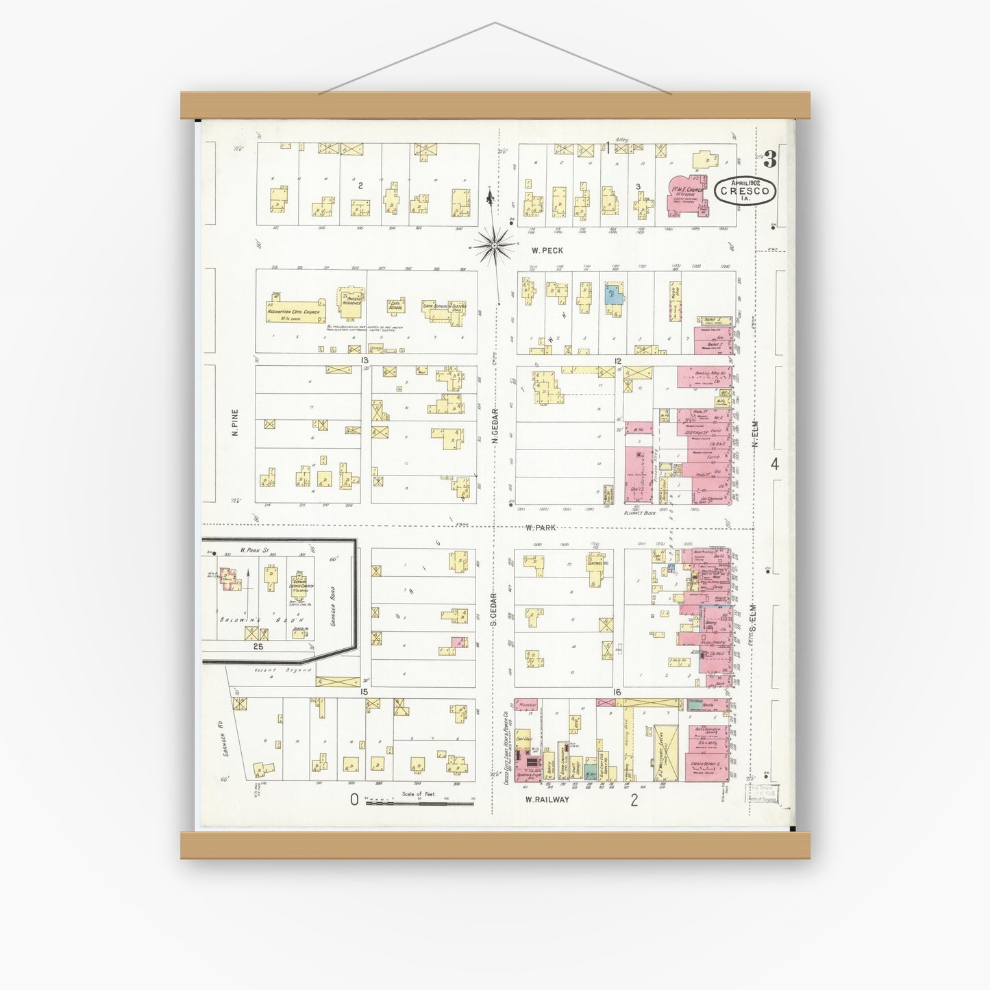 Old map wall art mockup — magnetic wood frame on white wall — Sanborn Fire Insurance Map from Cresco, Howard County, Iowa (1902), Sheet #0003