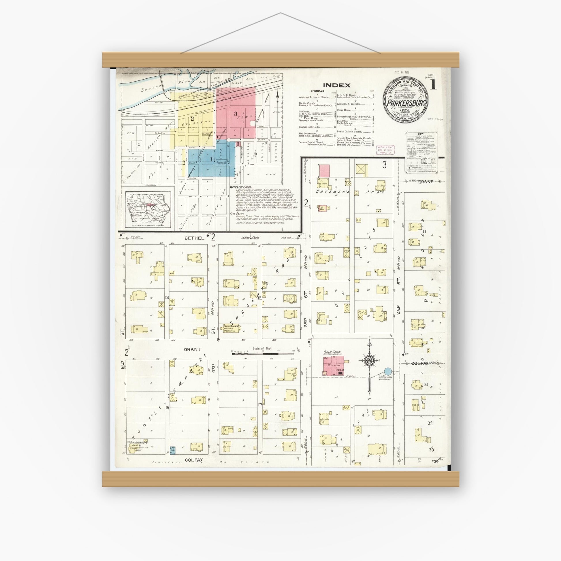 Old map wall art mockup — magnetic wood frame on white wall — Sanborn Fire Insurance Map from Parkersburg, Butler County, Iowa (1913), Sheet #0001