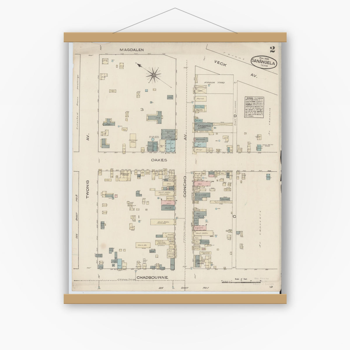 Old map wall art mockup — magnetic wood frame on white wall — Sanborn Fire Insurance Map from San Angelo, Tom Green County, Texas (1885), Sheet #0002