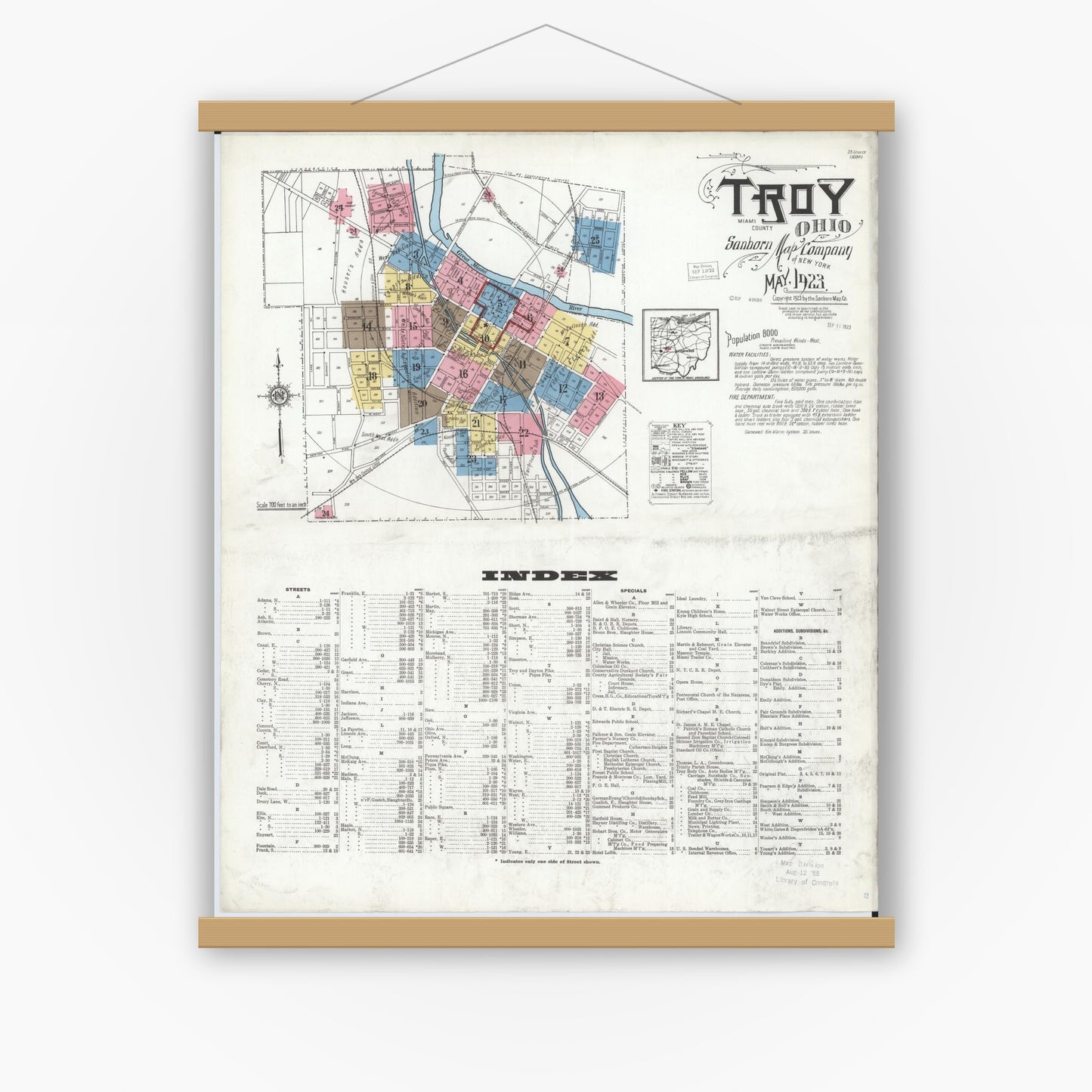 Old map wall art mockup — magnetic wood frame on white wall — Sanborn Fire Insurance Map from Troy, Miami County, Ohio (1923), Sheet #0001