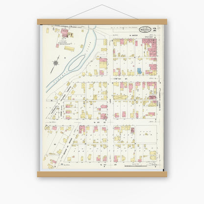 Old map wall art mockup — magnetic wood frame on white wall — Sanborn Fire Insurance Map from Waverly, Pike County, Ohio (1911), Sheet #0002