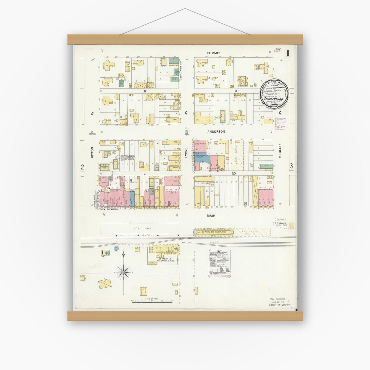 Old map wall art mockup — magnetic wood frame on white wall — Sanborn Fire Insurance Map from Schulenburg, Fayette County, Texas (1901) - Complete Map Set