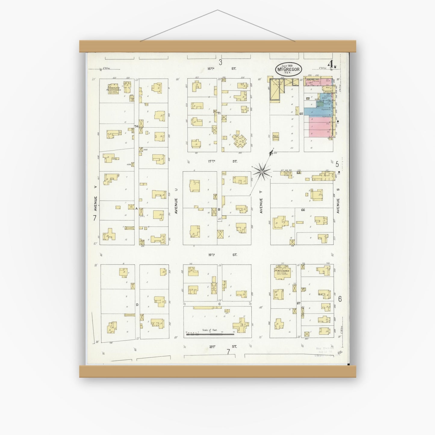 Old map wall art mockup — magnetic wood frame on white wall — Sanborn Fire Insurance Map from McGregor, McLennan County, Texas (1909), Sheet #0004