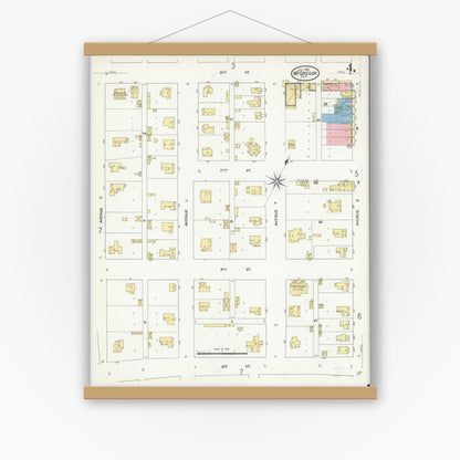 Old map wall art mockup — magnetic wood frame on white wall — Sanborn Fire Insurance Map from McGregor, McLennan County, Texas (1909), Sheet #0004