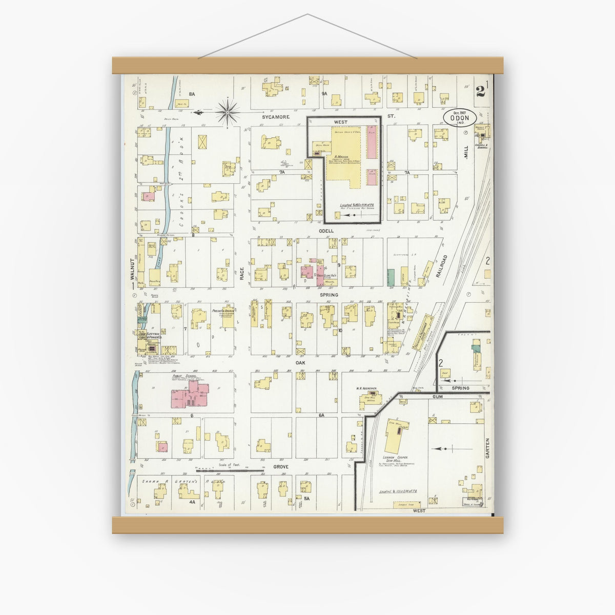 Old map wall art mockup — magnetic wood frame on white wall — Sanborn Fire Insurance Map from Odon, Daviess County, Indiana (1907), Sheet #0002
