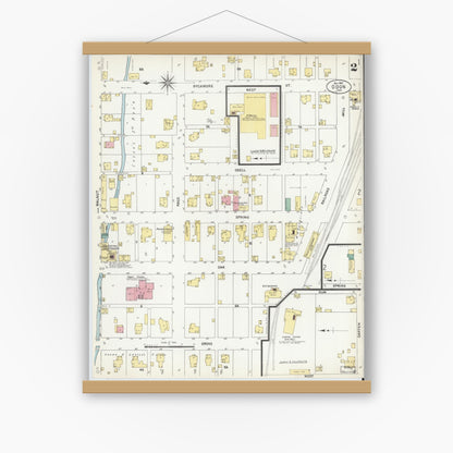 Old map wall art mockup — magnetic wood frame on white wall — Sanborn Fire Insurance Map from Odon, Daviess County, Indiana (1907), Sheet #0002