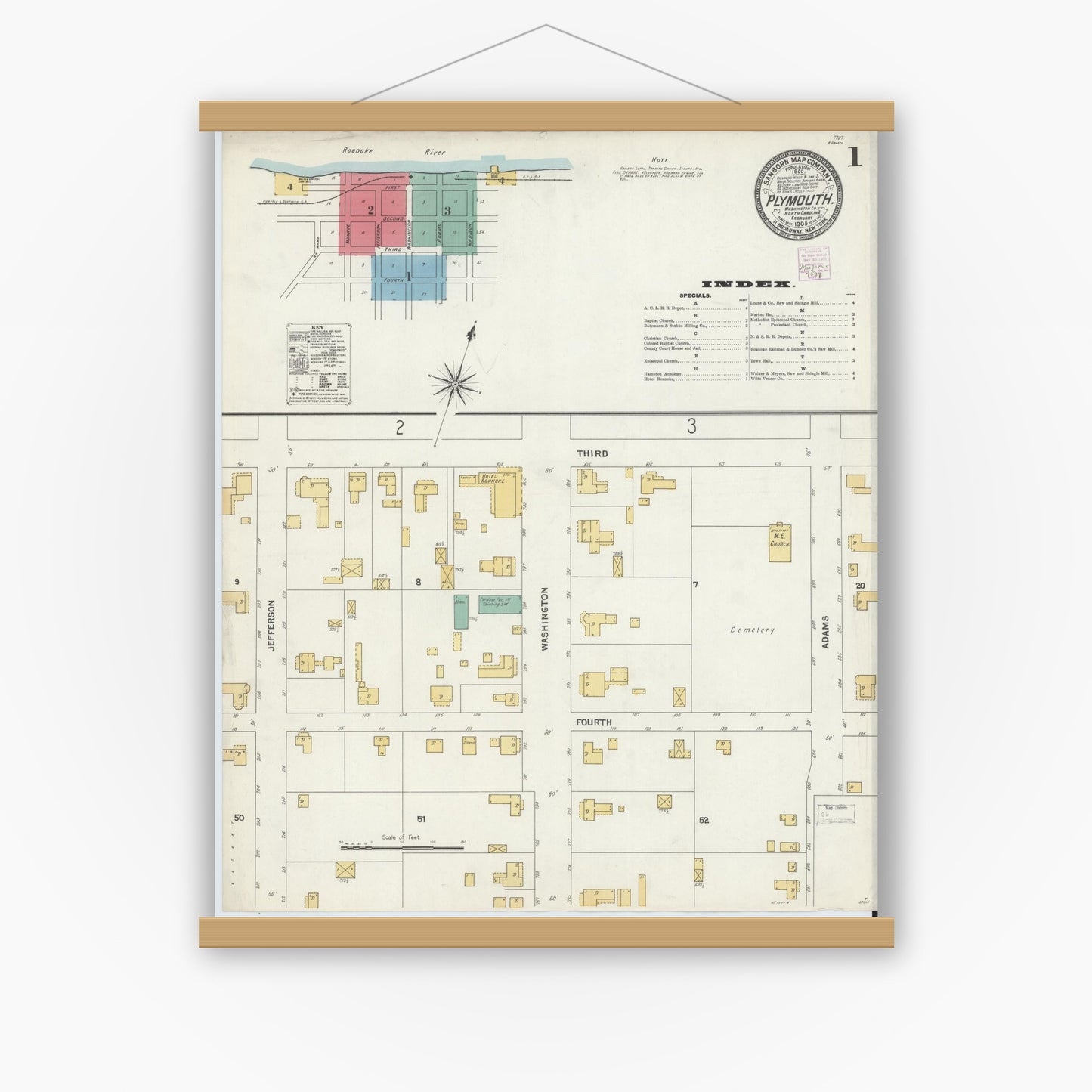 Old map wall art mockup — magnetic wood frame on white wall — Sanborn Fire Insurance Map from Plymouth, Washington County, North Carolina (1905) - Complete Map Set