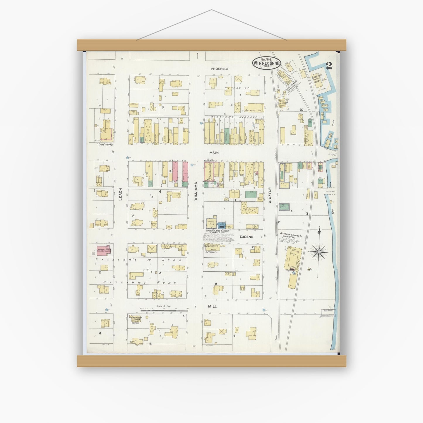 Old map wall art mockup — magnetic wood frame on white wall — Sanborn Fire Insurance Map from Winneconne, Winnebago County, Wisconsin (1904), Sheet #0002