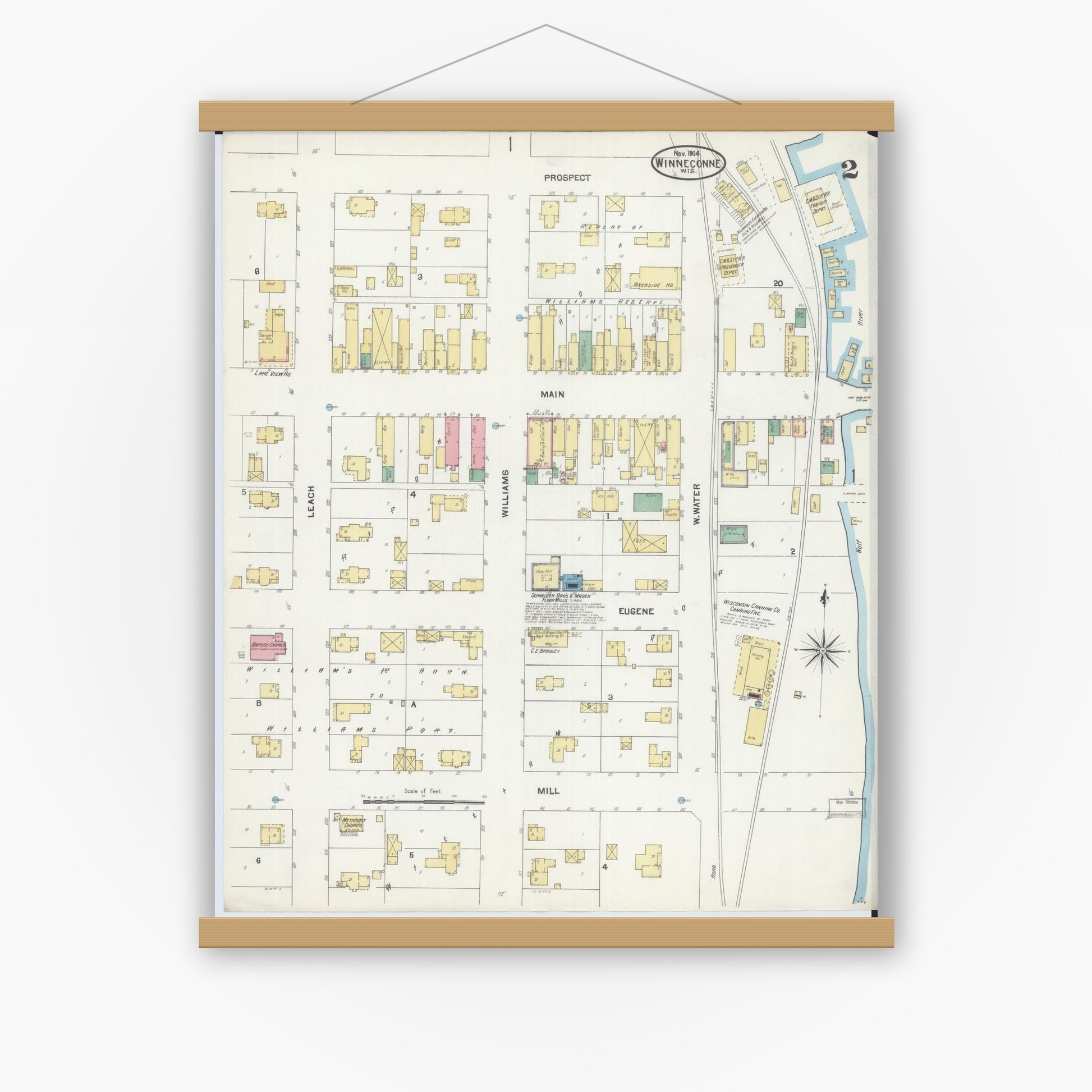 Old map wall art mockup — magnetic wood frame on white wall — Sanborn Fire Insurance Map from Winneconne, Winnebago County, Wisconsin (1904), Sheet #0002