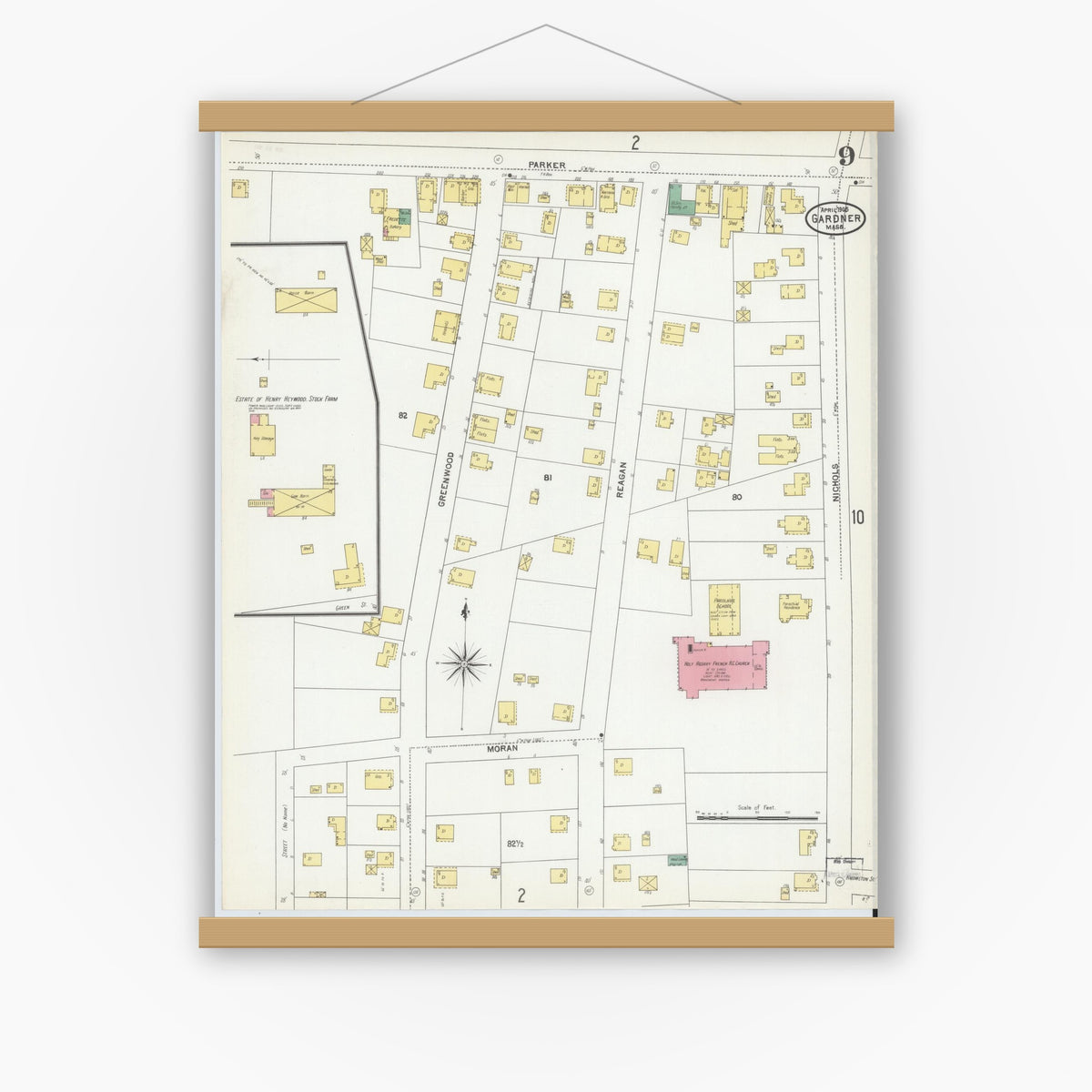 Old map wall art mockup — magnetic wood frame on white wall — Sanborn Fire Insurance Map from Gardner, Worcester County, Massachusetts (1905), Sheet #0009