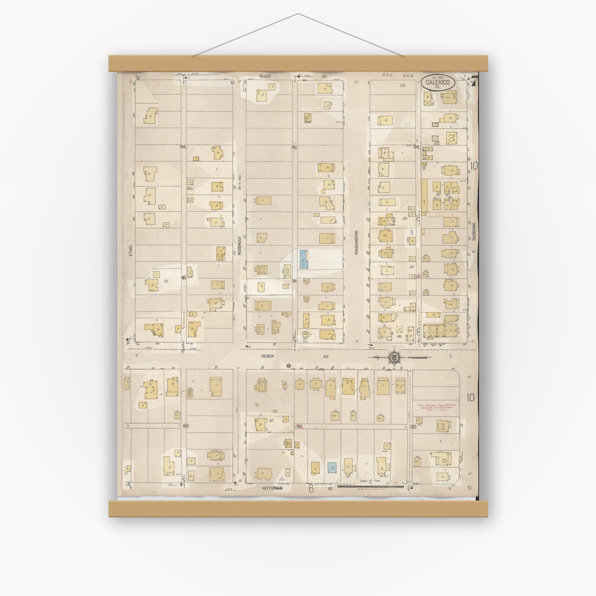 Old map wall art mockup — magnetic wood frame on white wall — Sanborn Fire Insurance Map from Calexico, Imperial County, California (1949), Sheet #0007