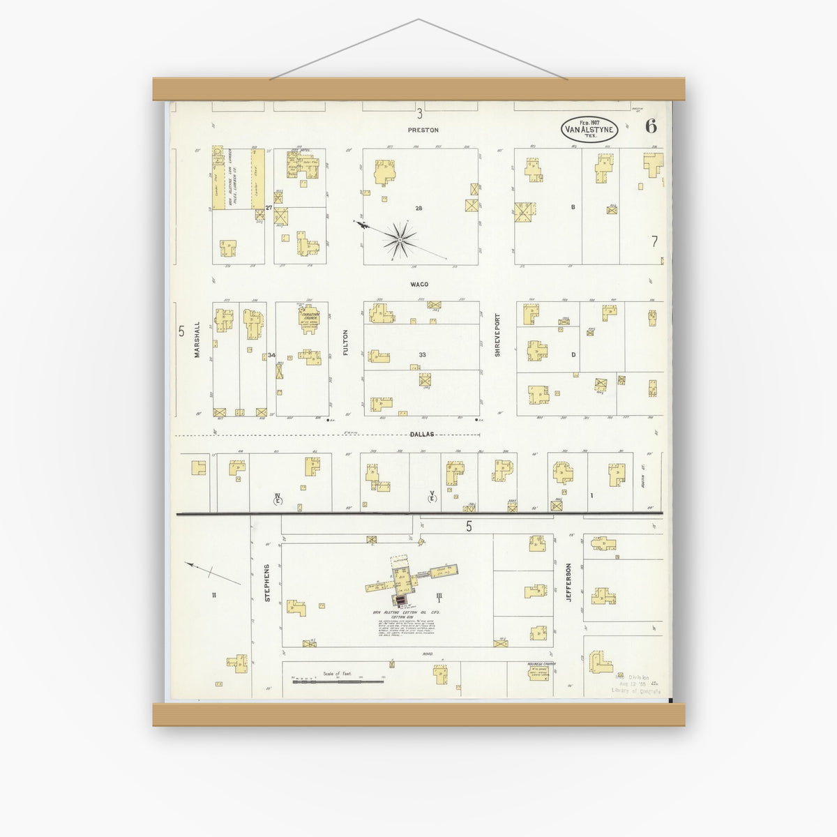 Old map wall art mockup — magnetic wood frame on white wall — Sanborn Fire Insurance Map from Van Alstyne, Grayson County, Texas (1907), Sheet #0006