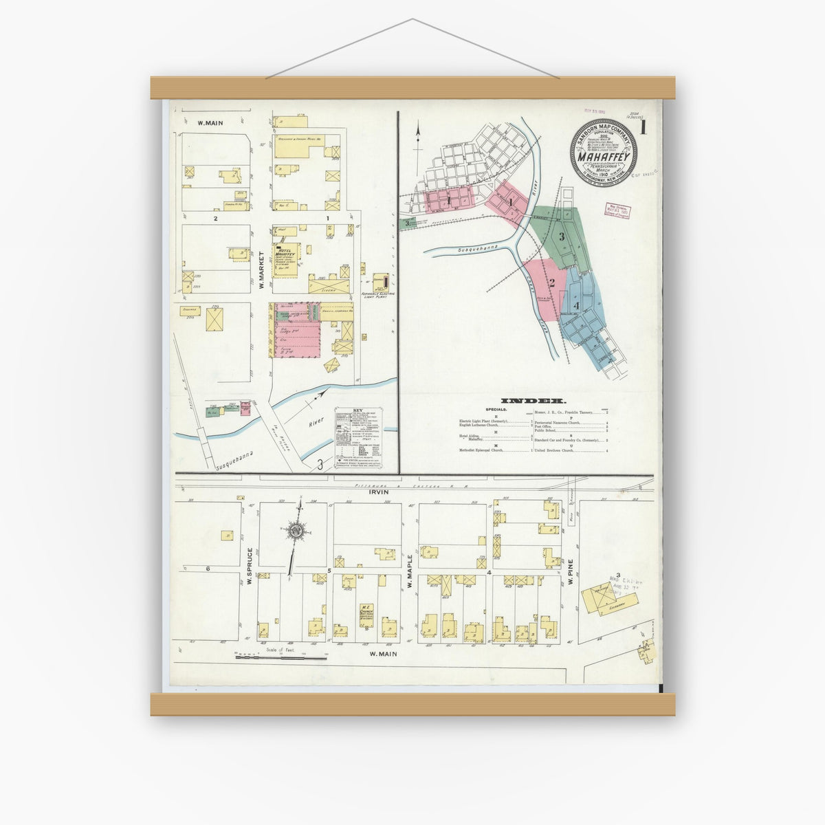 Old map wall art mockup — magnetic wood frame on white wall — Sanborn Fire Insurance Map from Mahaffly, Clearfield County, Pennsylvania (1910) - Complete Map Set