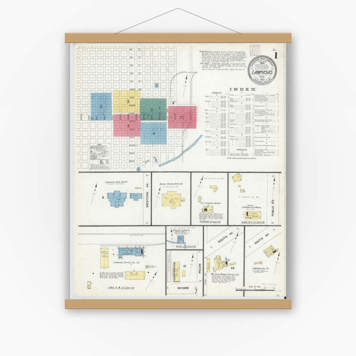 Old map wall art mockup — magnetic wood frame on white wall — Sanborn Fire Insurance Map from Lampasas, Lampasas County, Texas (1907) - Complete Map Set