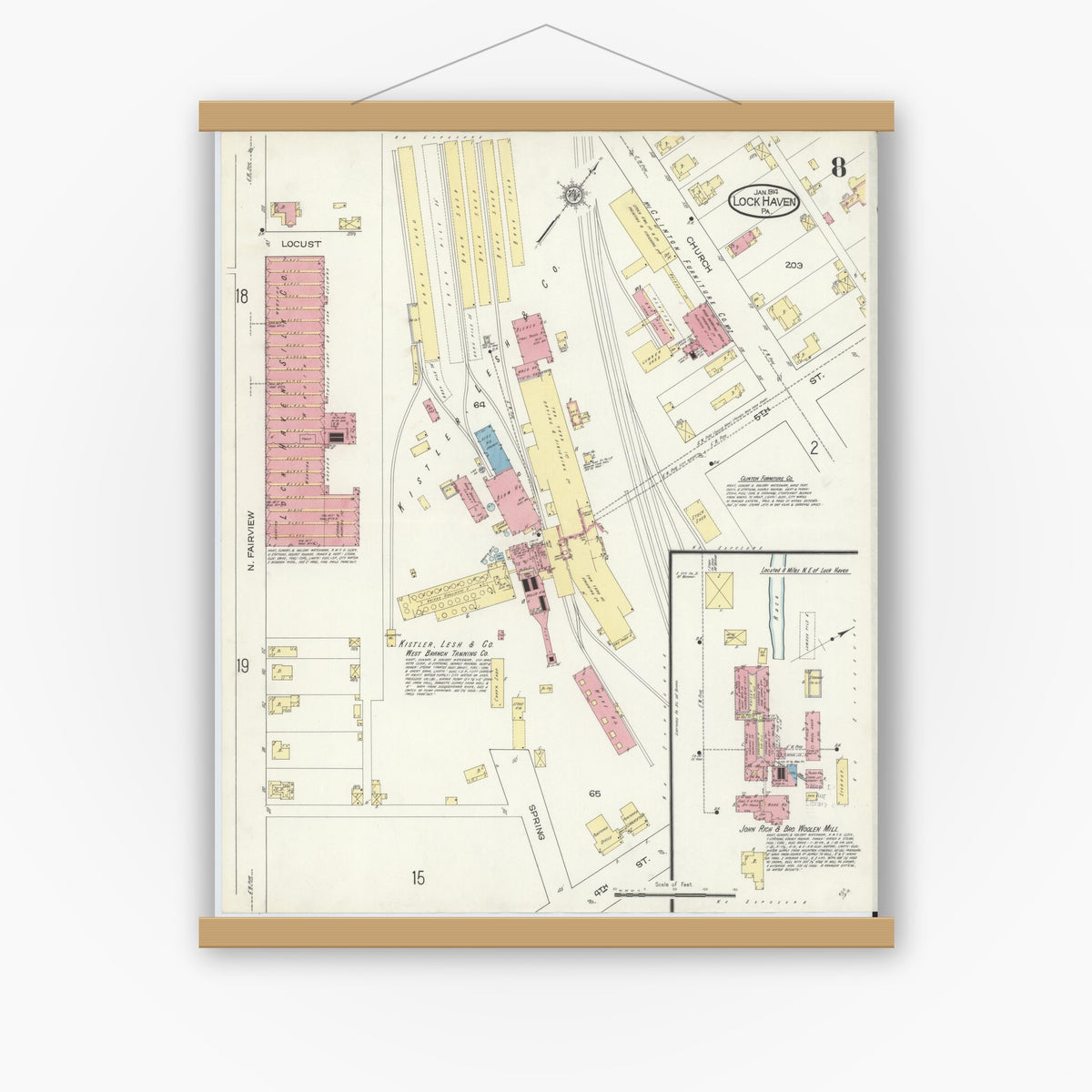 Old map wall art mockup — magnetic wood frame on white wall — Sanborn Fire Insurance Map from Lock Haven, Clinton County, Pennsylvania (1914), Sheet #0008