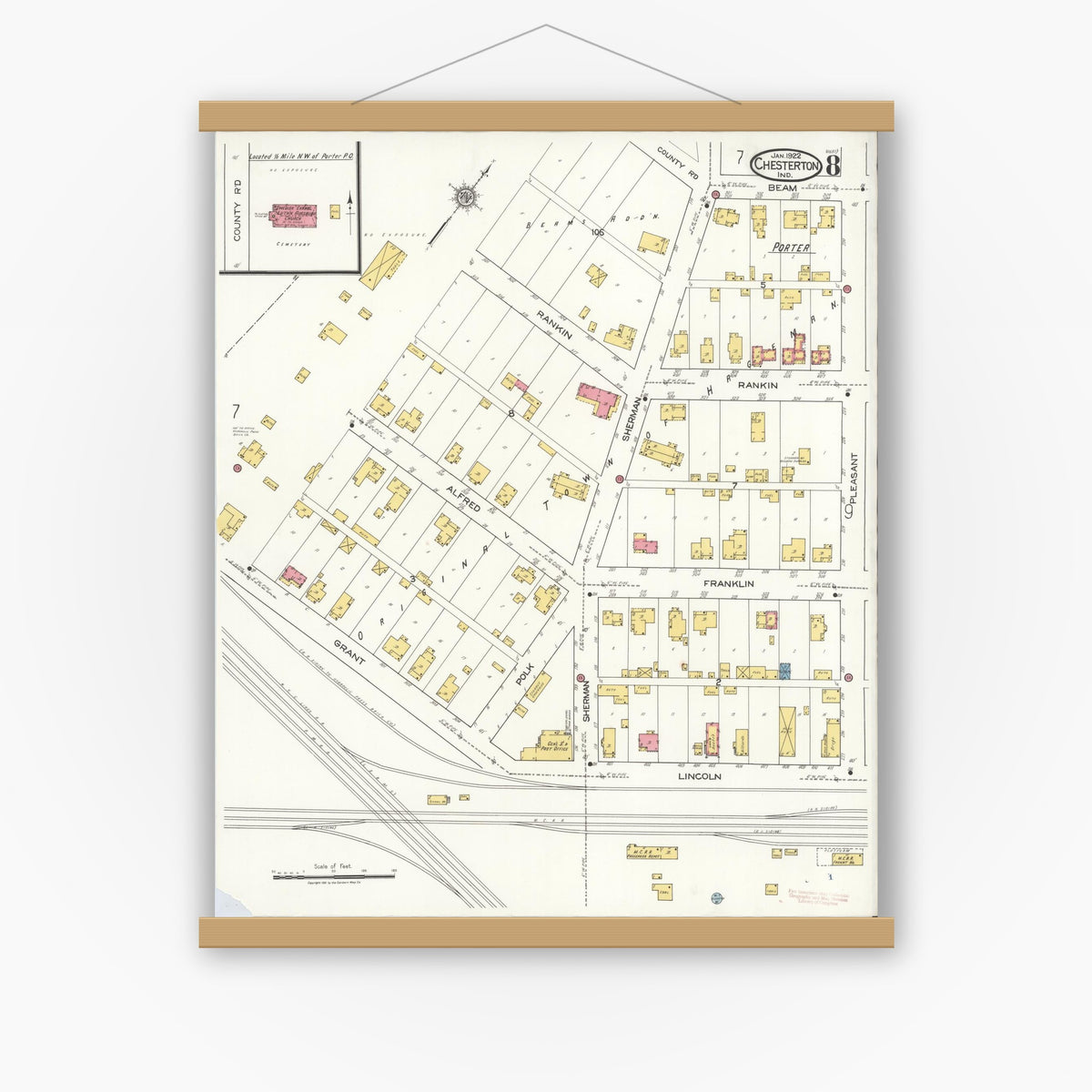 Old map wall art mockup — magnetic wood frame on white wall — Sanborn Fire Insurance Map from Chesterton, Porter County, Indiana (1922), Sheet #0008