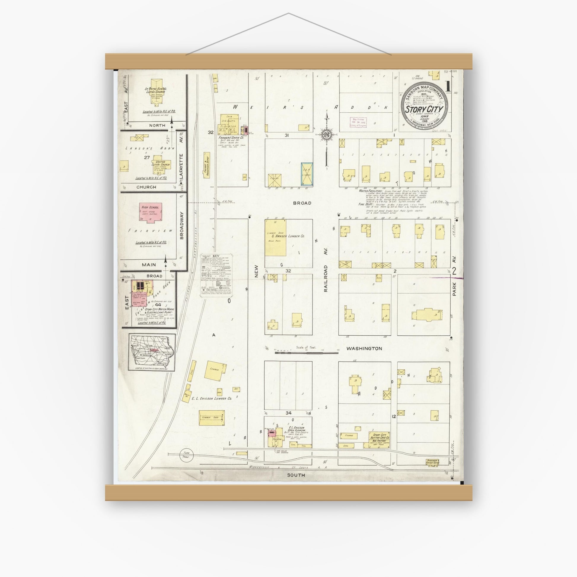 Old map wall art mockup — magnetic wood frame on white wall — Sanborn Fire Insurance Map from Story City, Story County, Iowa (1916), Sheet #0001