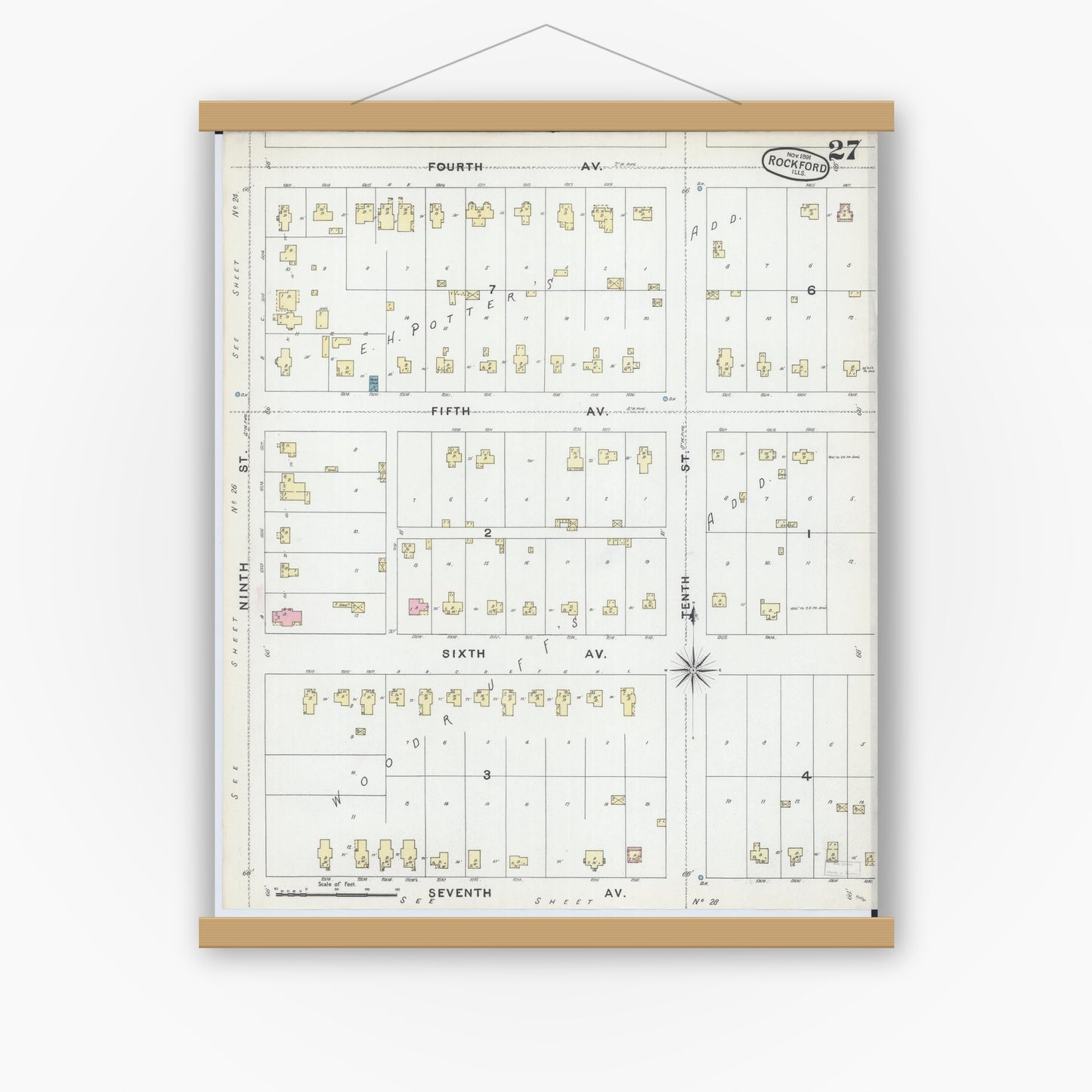 Old map wall art mockup — magnetic wood frame on white wall — Sanborn Fire Insurance Map from Rockford, Winnebago County, Illinois (1891), Sheet #0027