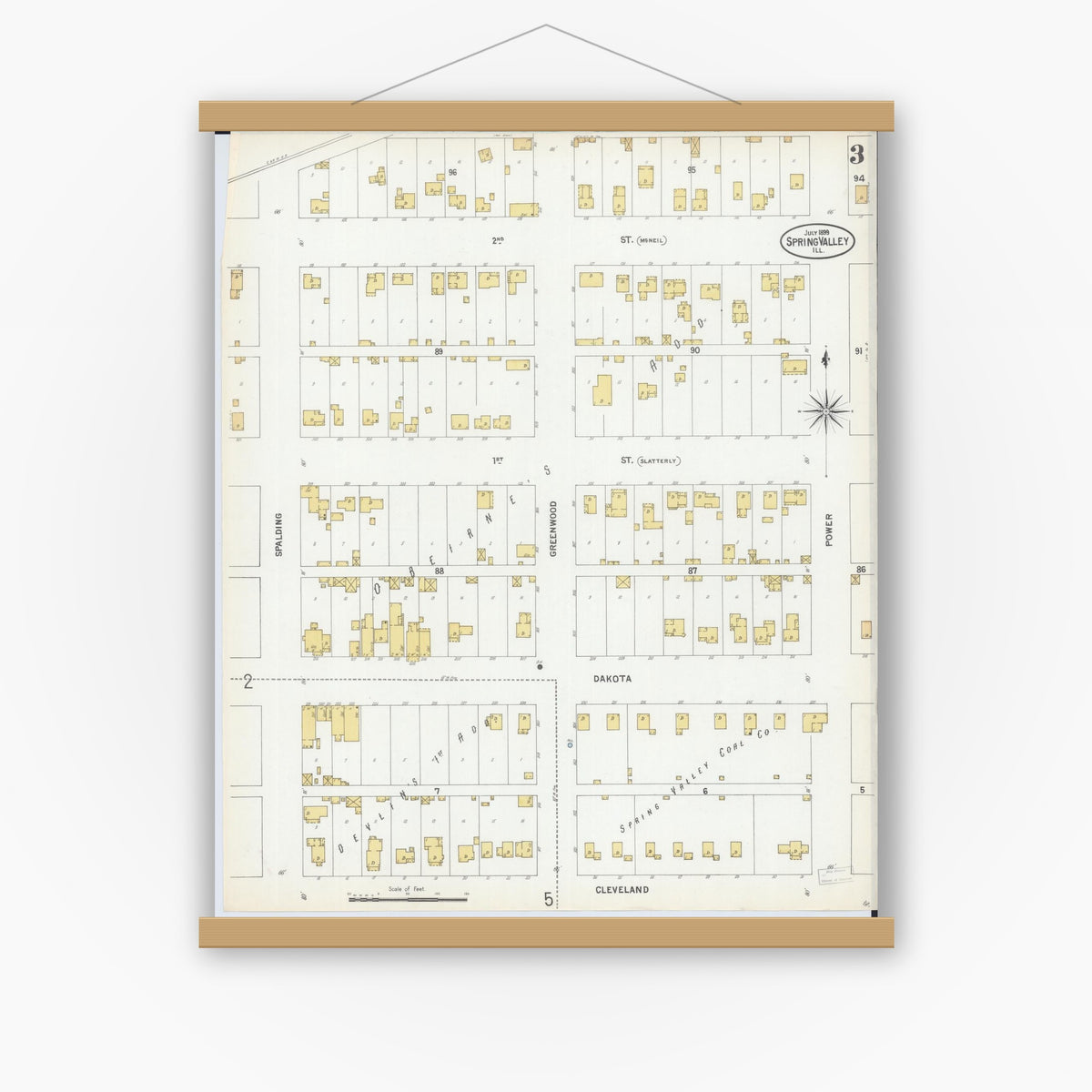 Old map wall art mockup — magnetic wood frame on white wall — Sanborn Fire Insurance Map from Spring Valley, Bureau County, Illinois (1899), Sheet #0003