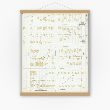 Old map wall art mockup — magnetic wood frame on white wall — Sanborn Fire Insurance Map from Spring Valley, Bureau County, Illinois (1899), Sheet #0003